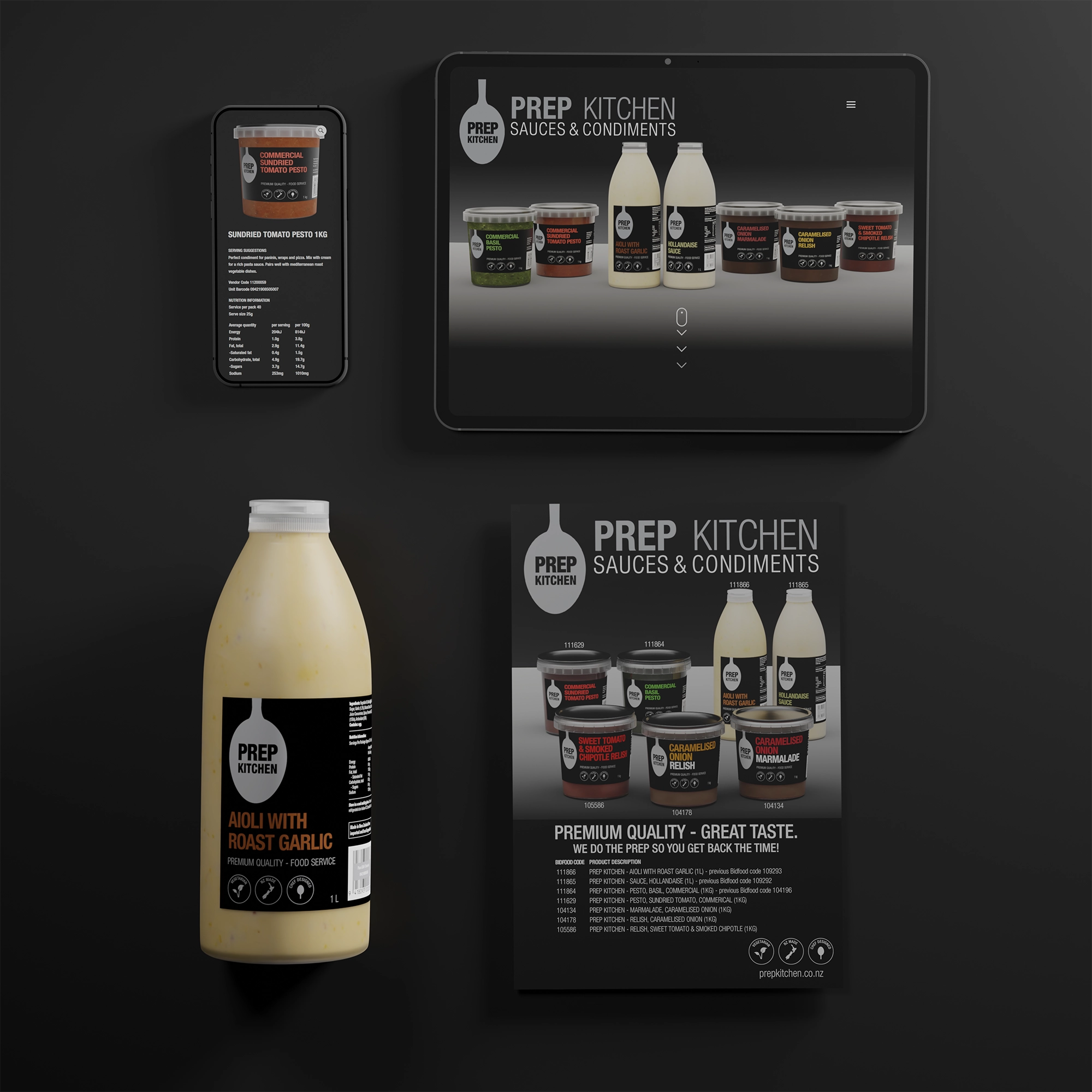 phone, tablet, aioli bottle and flyer